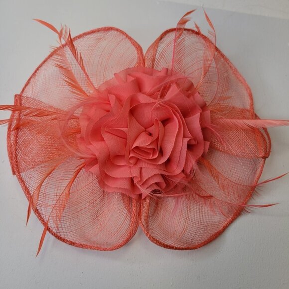 Coral Pink Fascinator Floral Rosette and Coral Feathers - Picture 10 of 10